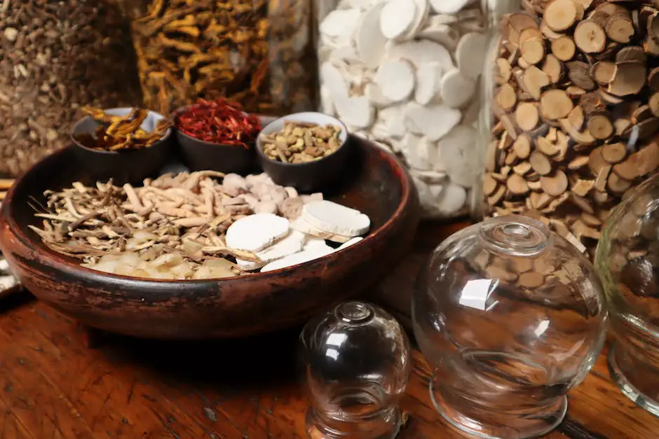 Image description: Chinese herbs and herbal medicine products displayed on a table.