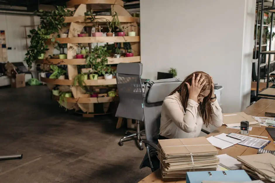 Professional woman looking overwhelmed by work demands and constant productivity pressure