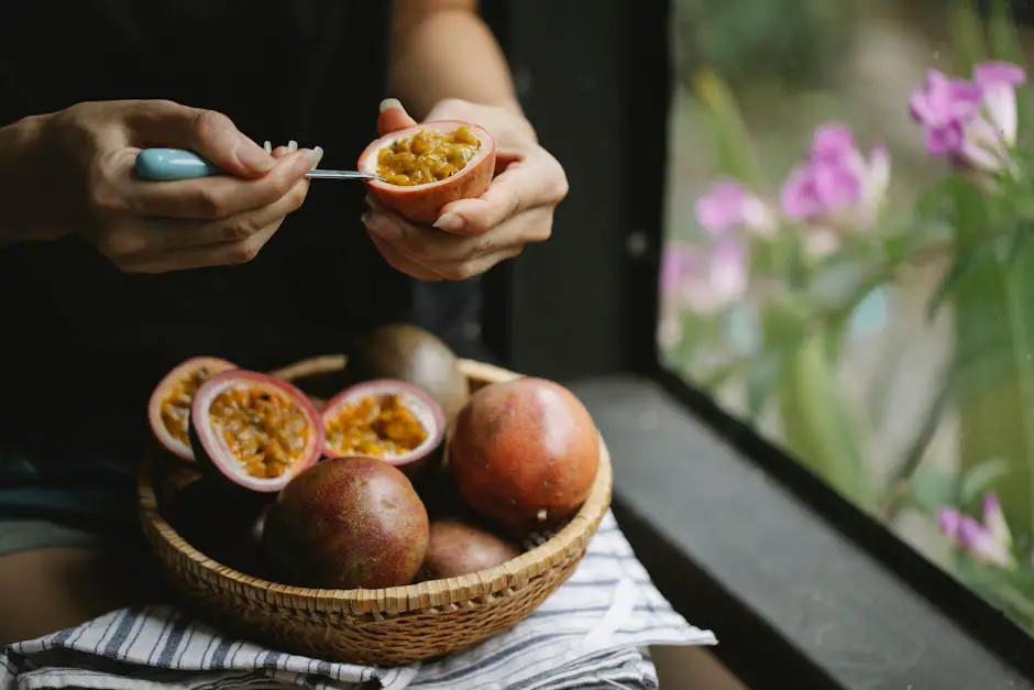 Fresh passion fruit displaying antioxidant-rich purple pulp for cellular protection